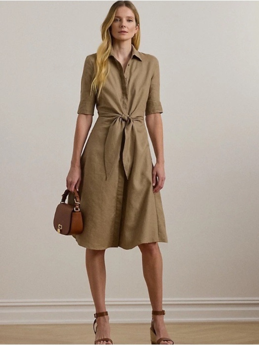 Ralph Lauren Black Label Linen Tie Front Shirt Dress Size 14P 14 Petite Tan